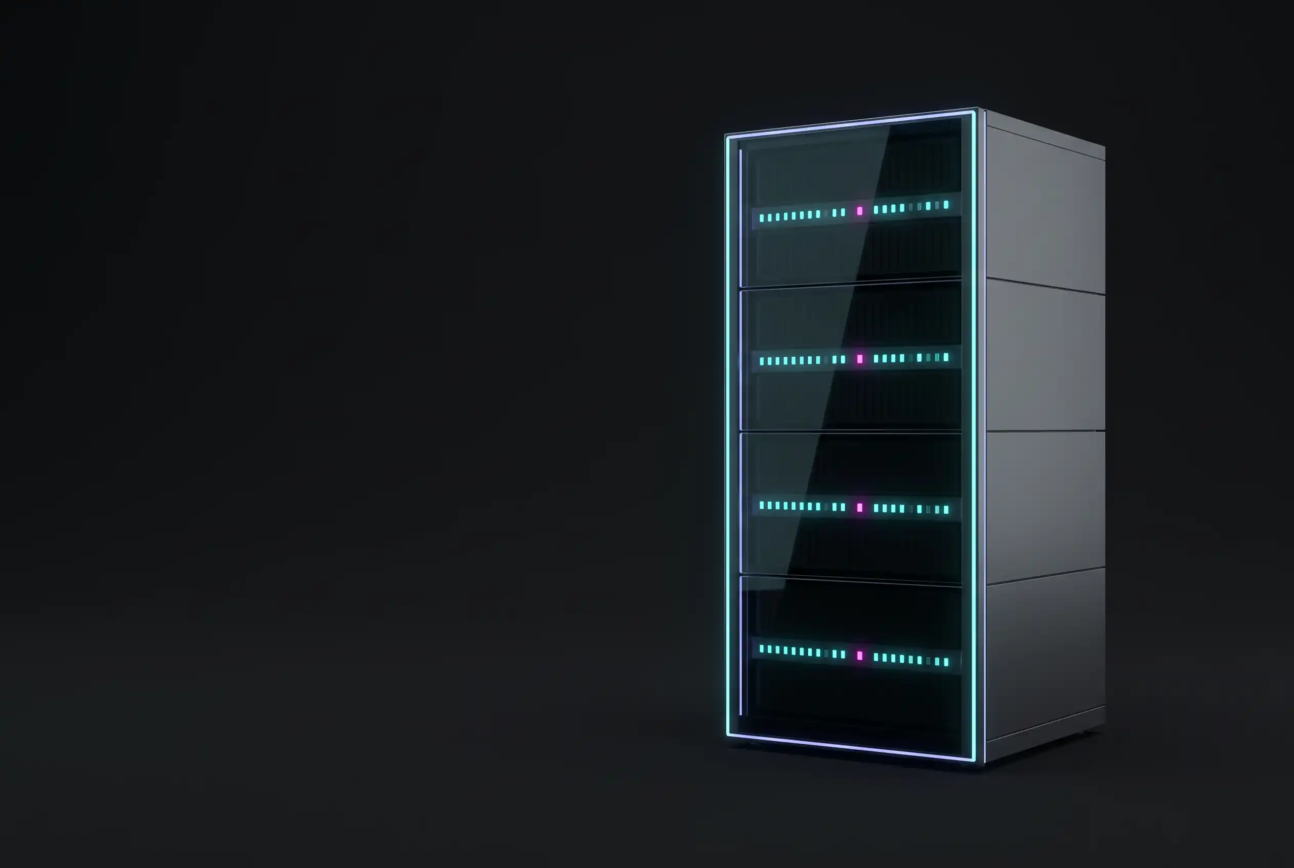 Managed website hosting, a neon server rack with cyan and magenta indicator lights