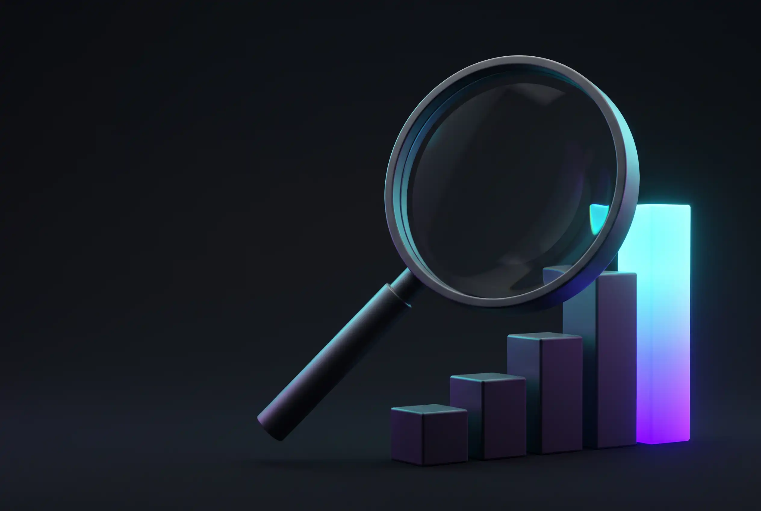 SEO services, a neon magnifying glass over a bar chart climbing from cyan to magenta