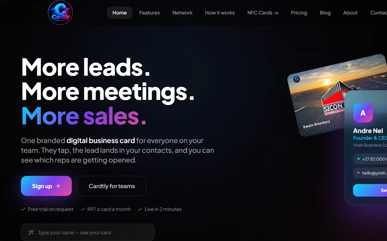 Cardtly website homepage, showing a digital business card floating beside the headline More leads. More meetings. More sales.