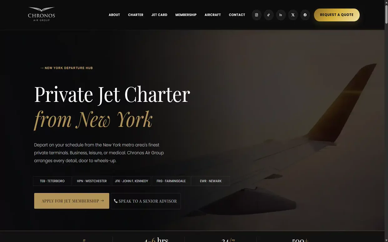 Chronos Air Group website homepage, showing a private jet on a dark runway with the headline Private Jet Charter from New York