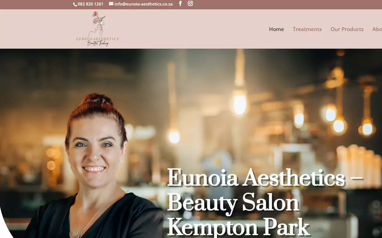 Eunoia Aesthetics website homepage, showing the two salon owners behind the headline Eunoia Aesthetics, Beauty Salon Kempton Park