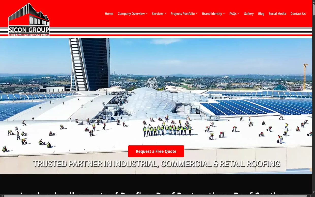 Sicon Group website homepage, showing an aerial photograph of a roofing crew at work on a large commercial roof
