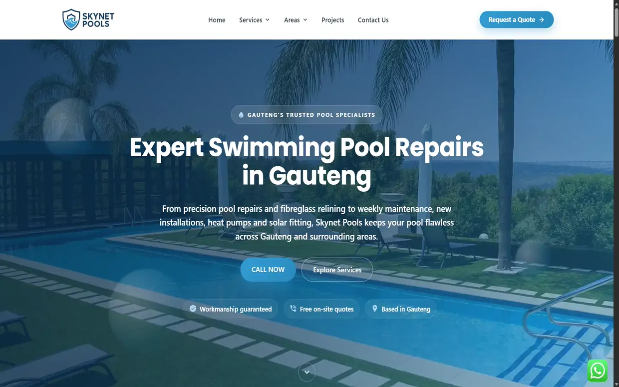 Skynet Pools website homepage, showing a clear blue swimming pool behind the headline Expert Swimming Pool Repairs