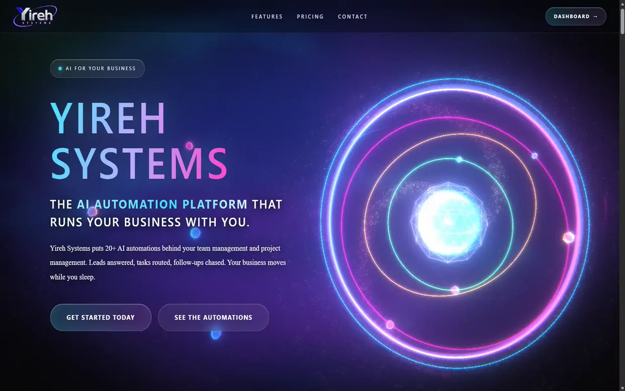 Yireh Systems website homepage, showing a glowing orbital graphic beside the headline The AI automation platform that runs your business with you