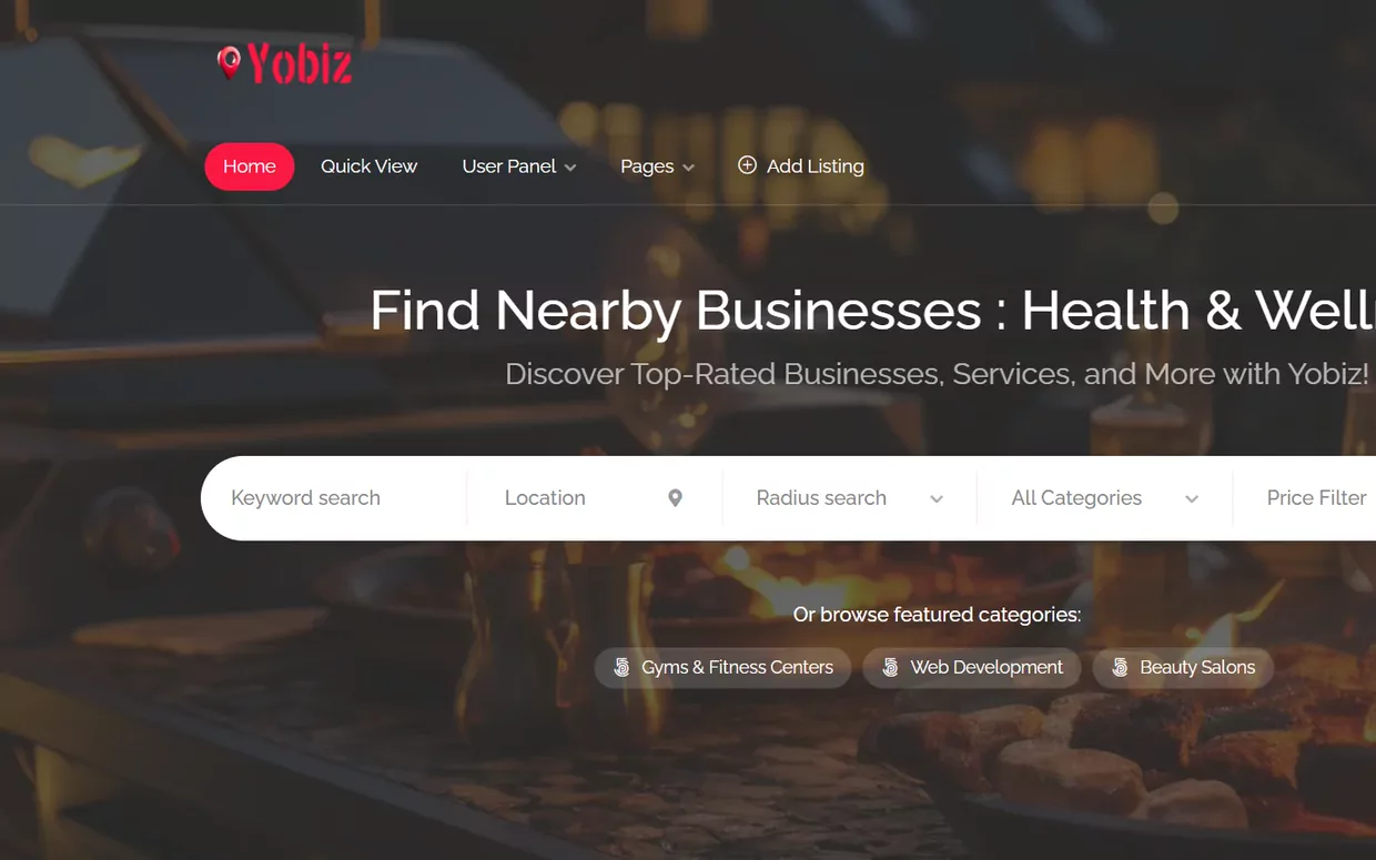Yobiz website homepage, showing a search panel over a restaurant scene beside the headline Find Nearby Businesses